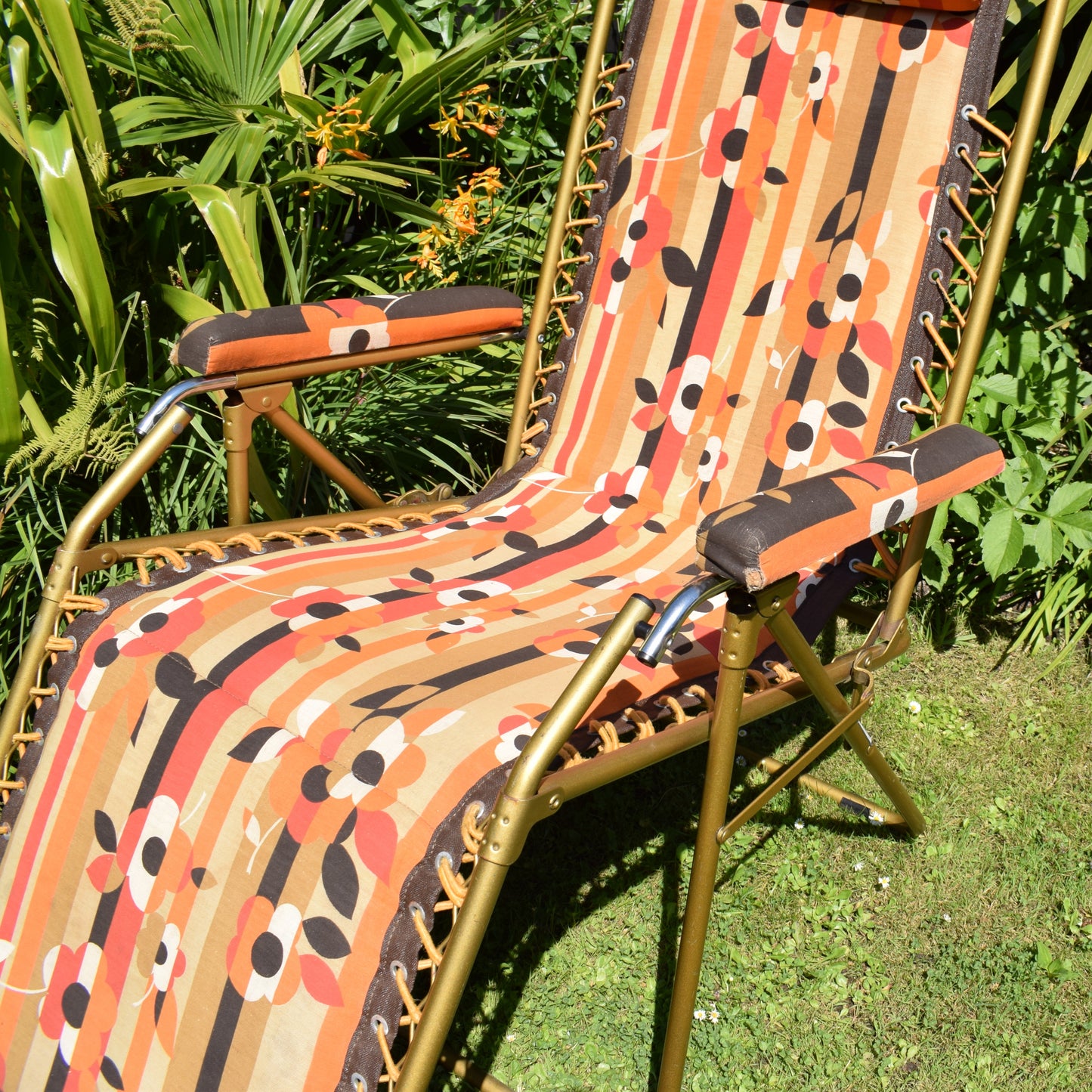 Vintage 1970s French Reclining Garden Lounger Chair - Orange & Brown