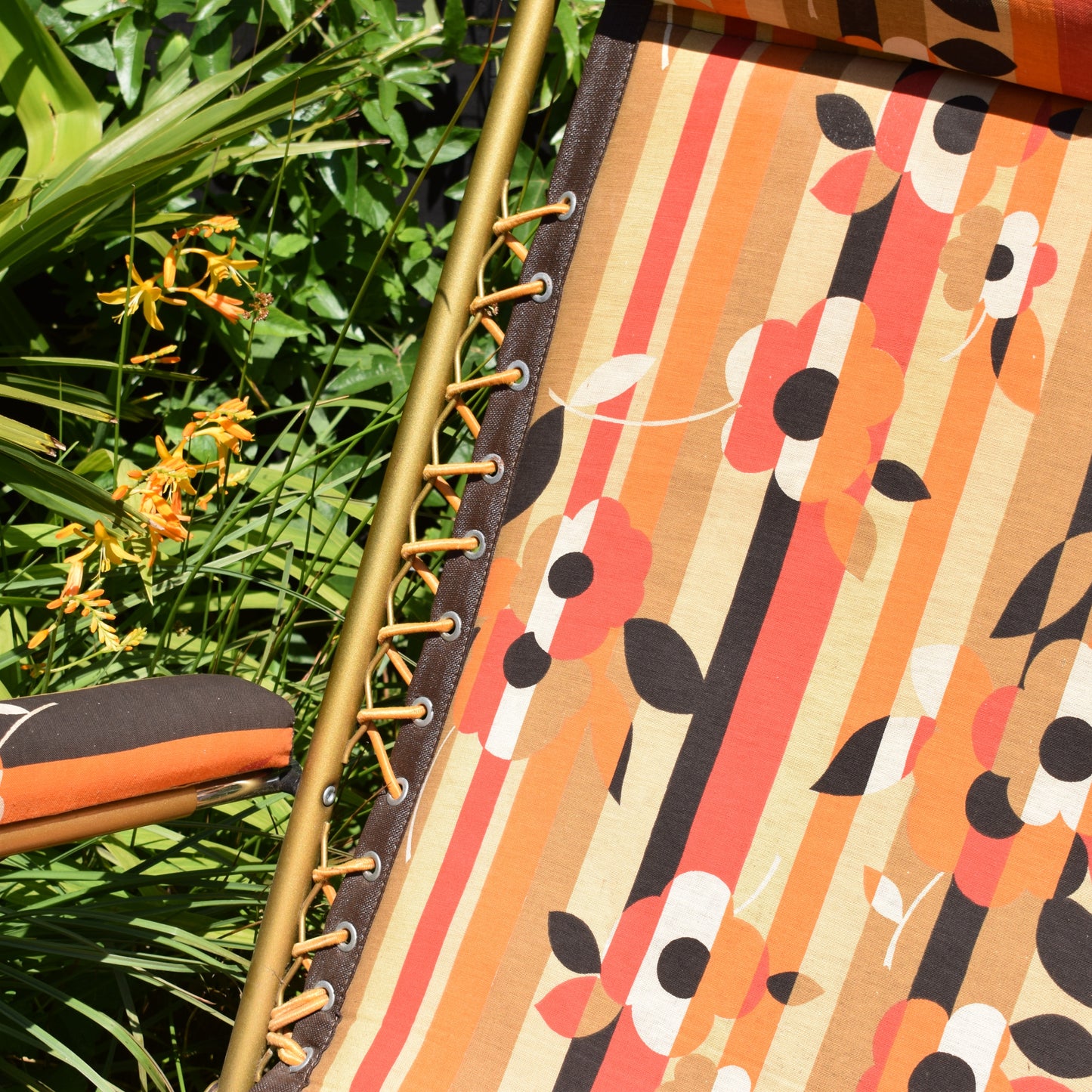 Vintage 1970s French Reclining Garden Lounger Chair - Orange & Brown