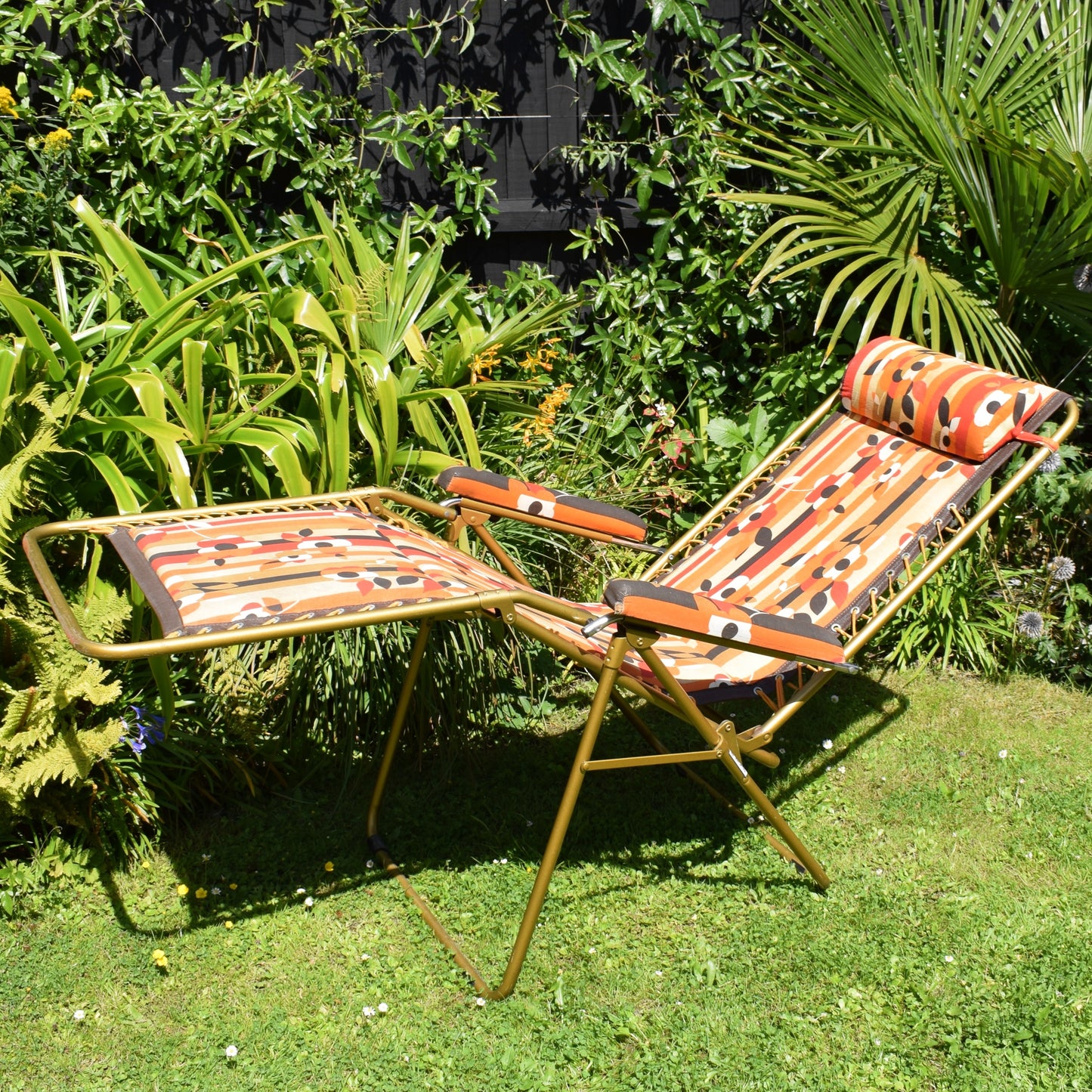 Vintage 1970s French Reclining Garden Lounger Chair - Orange & Brown