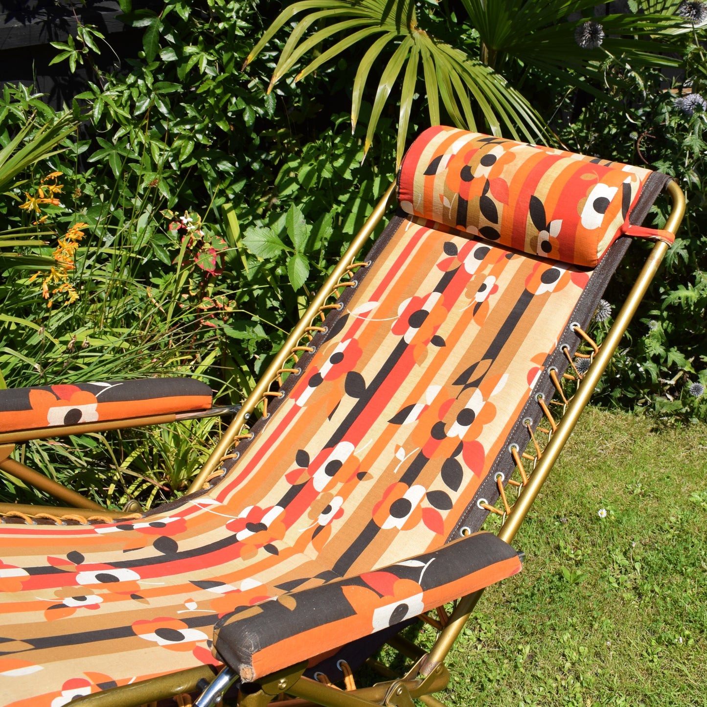 Vintage 1970s French Reclining Garden Lounger Chair - Orange & Brown