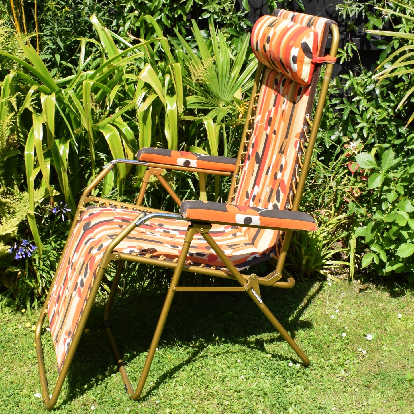 Vintage 1970s French Reclining Garden Lounger Chair - Orange & Brown