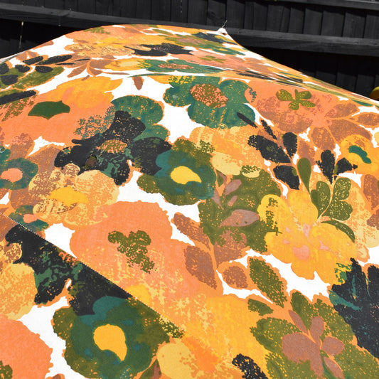 Vintage 1970s Garden Parasol - Orange Floral- Heals Pansy Style