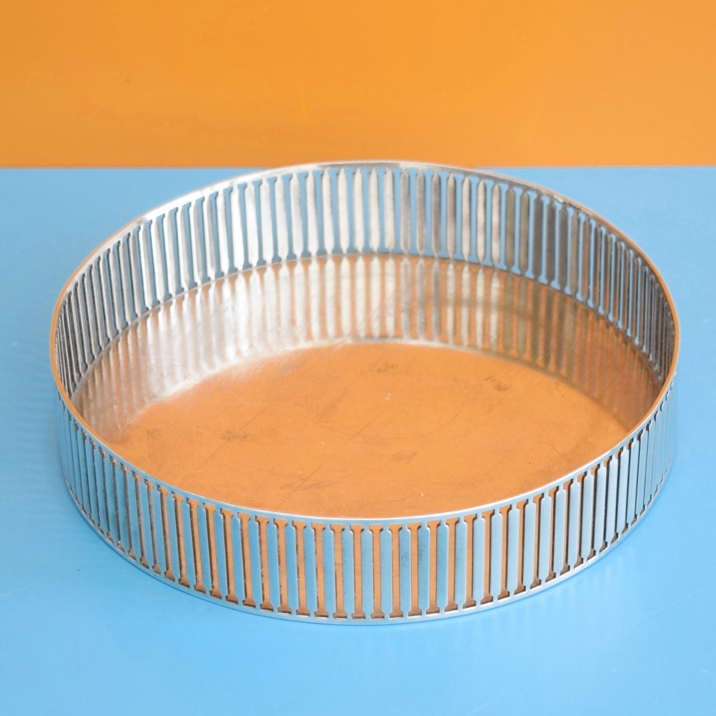 Vintage 1960s Round Metal Pierced Tray - Silver Plate - Lovely Display