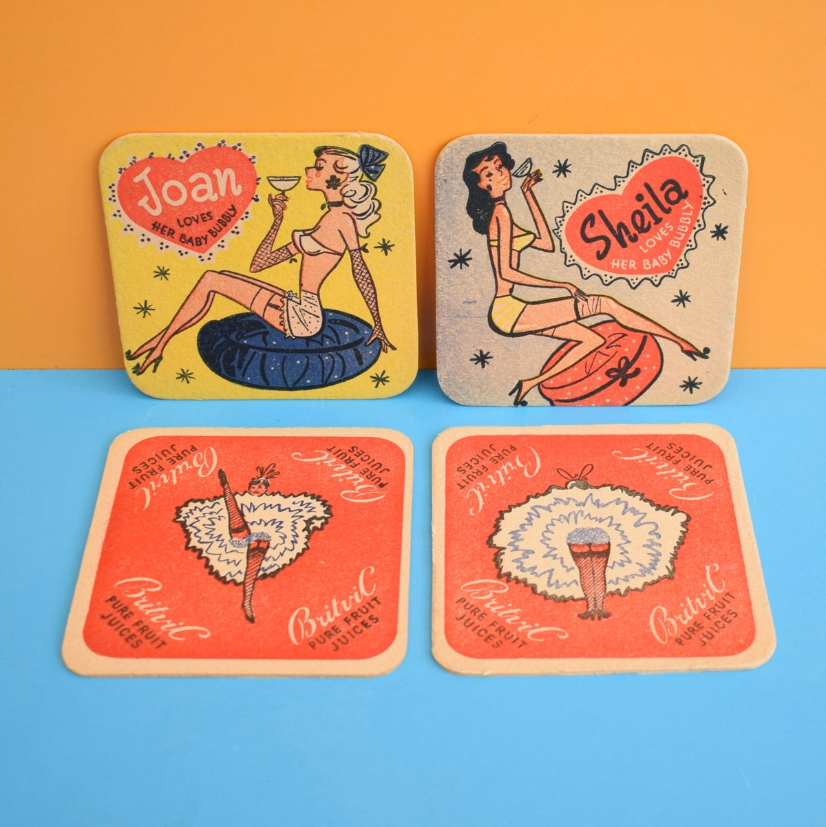 Vintage 1950s Baby Bubbly / Britvic Drinks Mats / Coasters - Joan & Sheila by Pineapple Retro