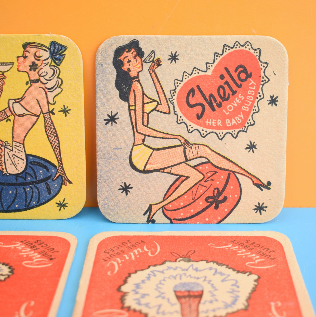 Vintage 1950s Baby Bubbly / Britvic Drinks Mats / Coasters - Joan & Sheila by Pineapple Retro
