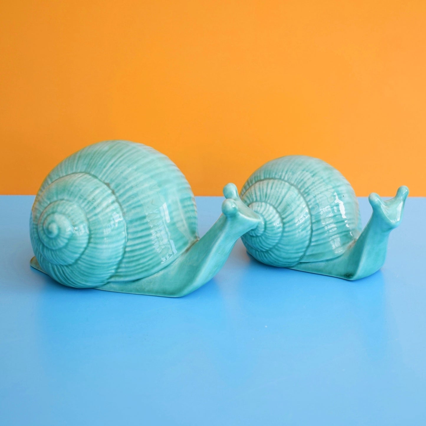 Vintage 1960s Ceramic Snails x2 - Teal - Anglia Pottery