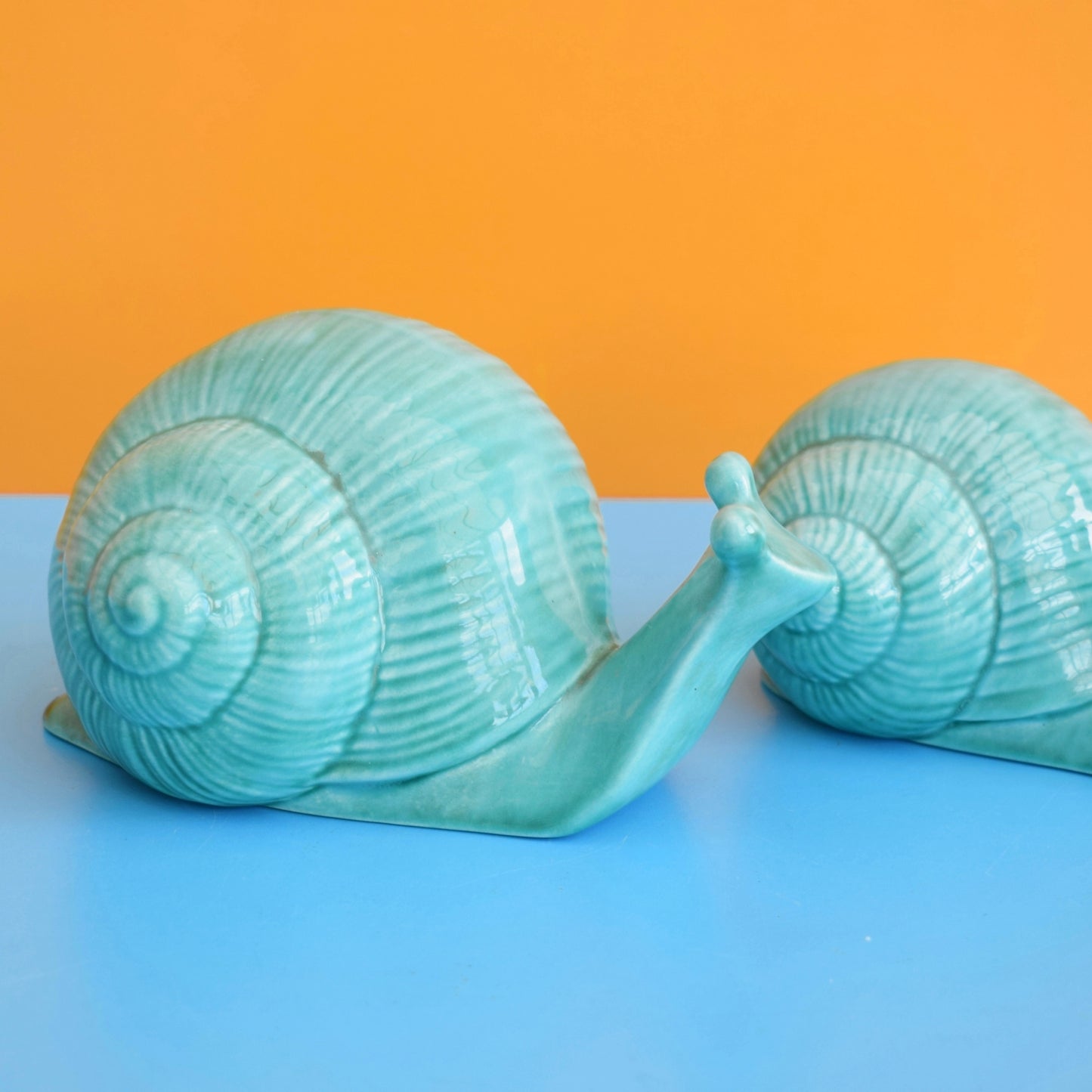 Vintage 1960s Ceramic Snails x2 - Teal - Anglia Pottery