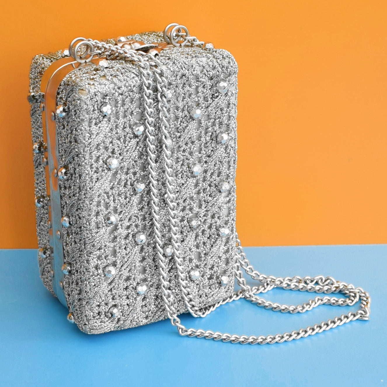 Vintage 1960s Box Bag - Beaded Silver