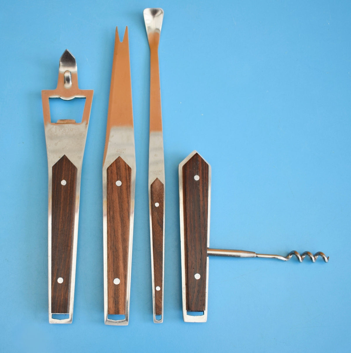 Vintage 1960s Stylish Rosewood Bar Tool Collection by Vintage