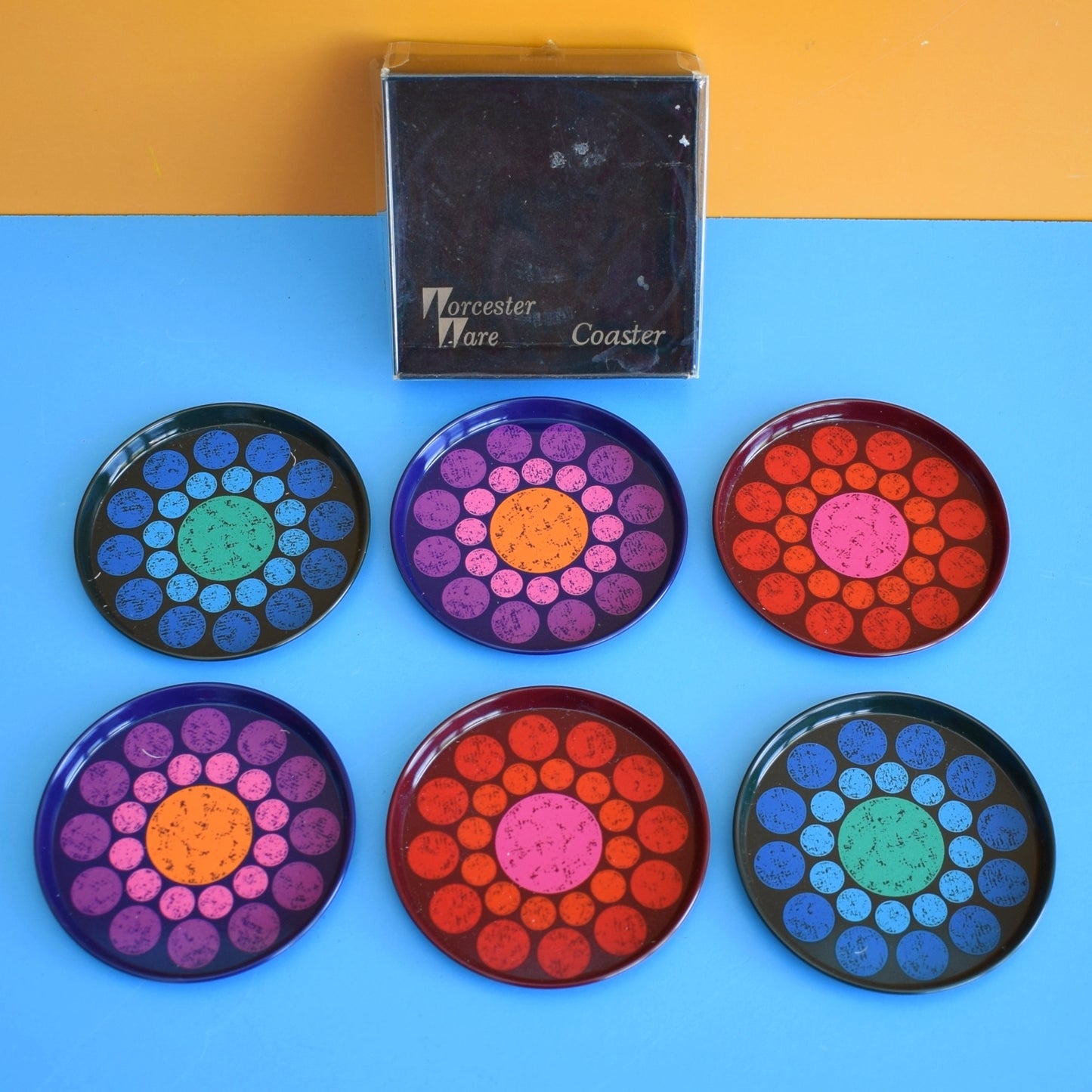 Vintage 1960s Metal Coasters - Worcester Ware Spots - Boxed
