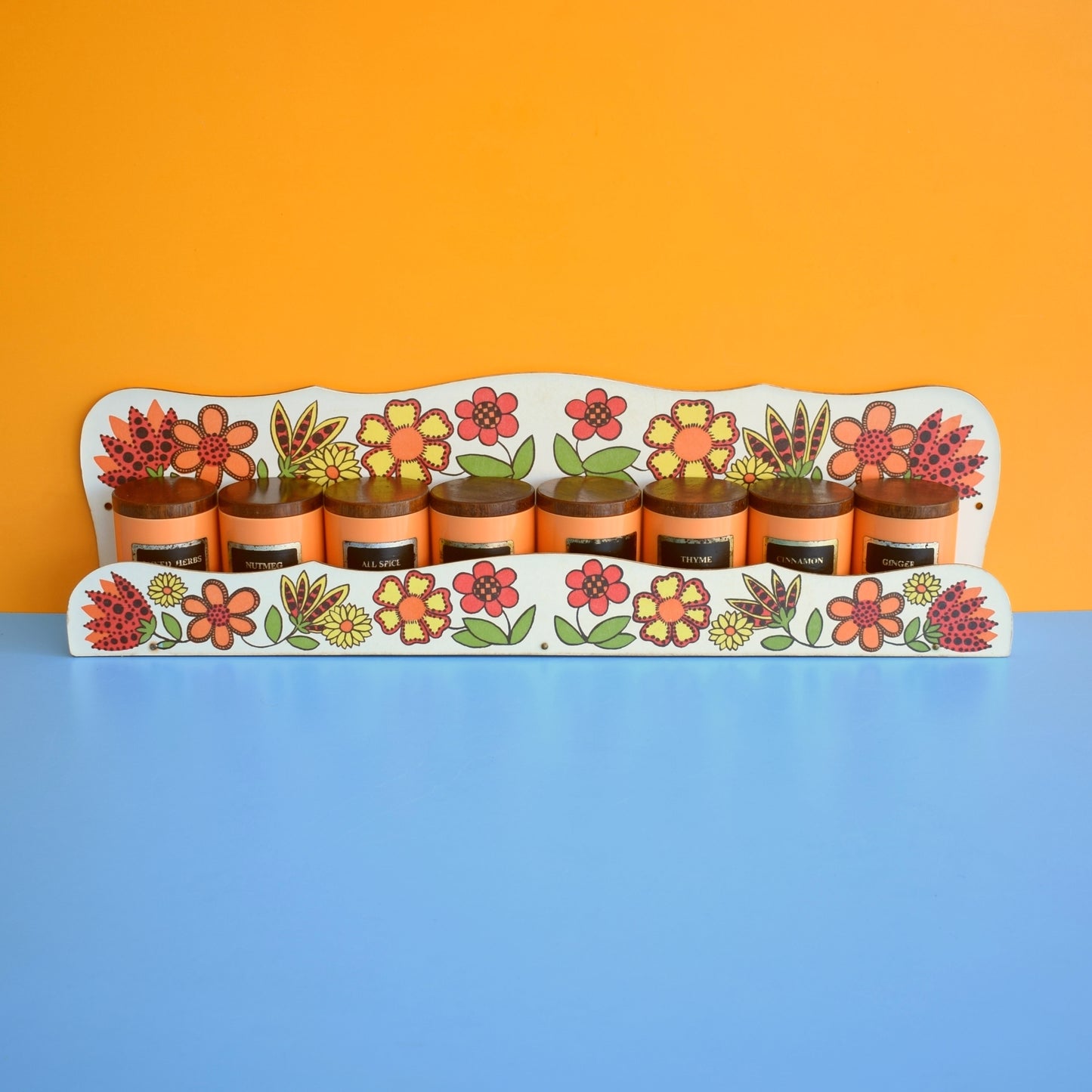 Vintage 1960s Taunton Vale Spice Jar Set - Flower Design - Orange, Red & Yellow