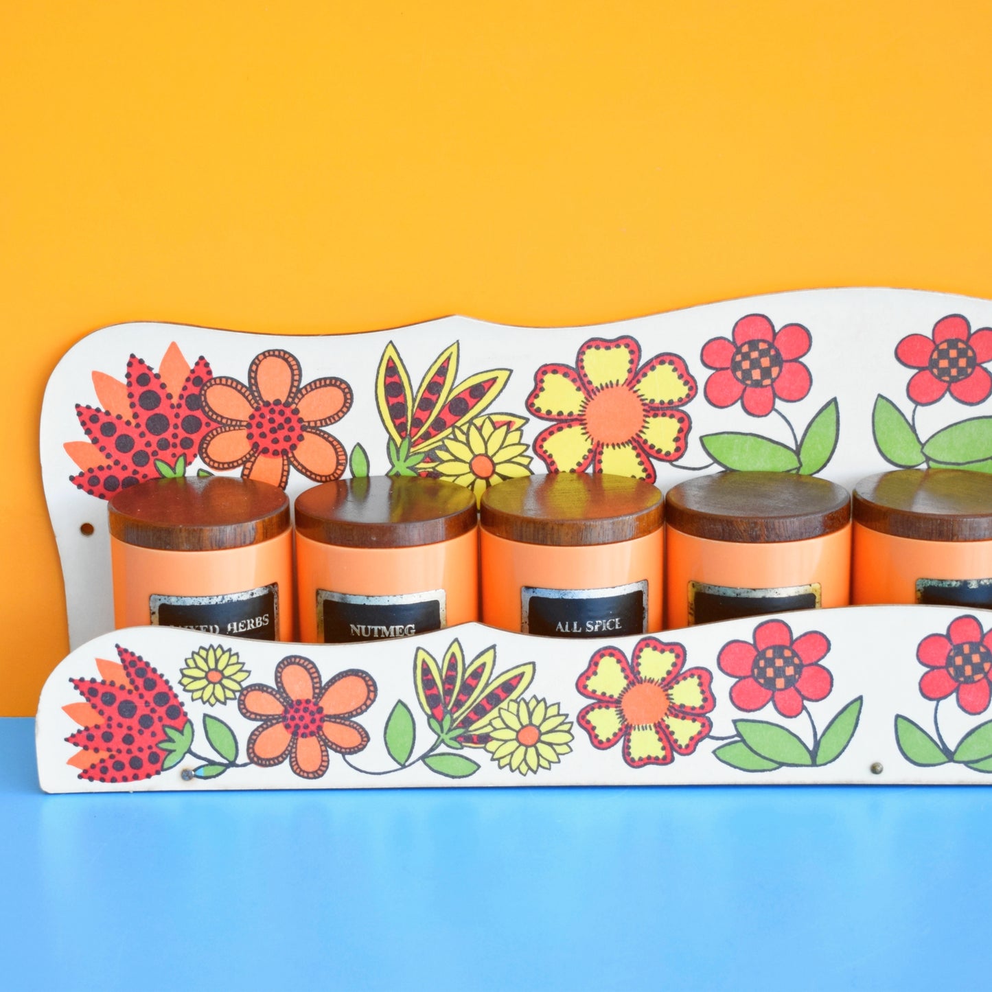 Vintage 1960s Taunton Vale Spice Jar Set - Flower Design - Orange, Red & Yellow