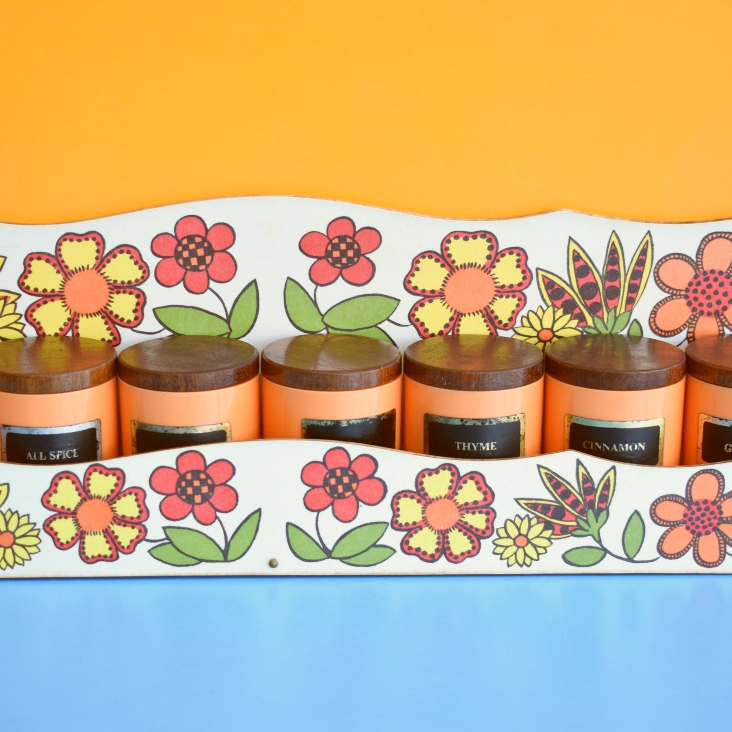 Vintage 1960s Taunton Vale Spice Jar Set - Flower Design - Orange, Red & Yellow