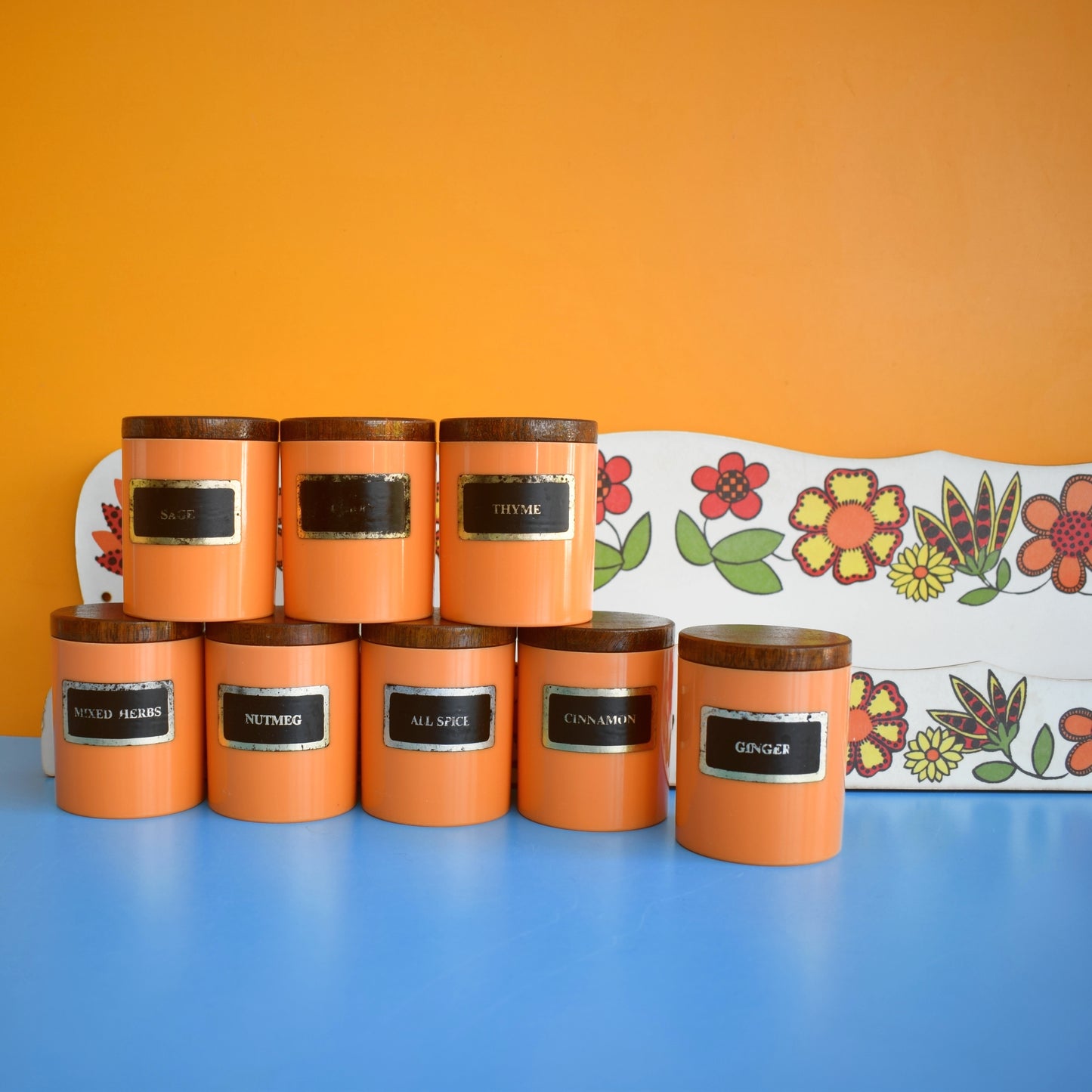 Vintage 1960s Taunton Vale Spice Jar Set - Flower Design - Orange, Red & Yellow