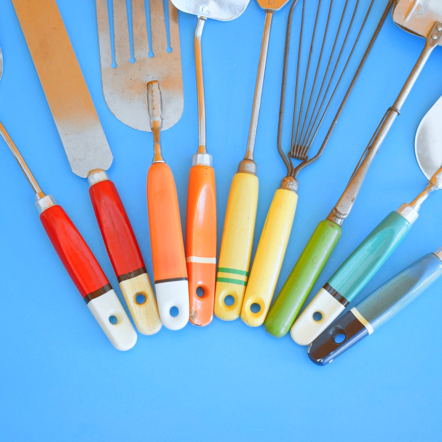 Vintage 1960s Kitchen Utensils - Red Orange, Yellow & Green