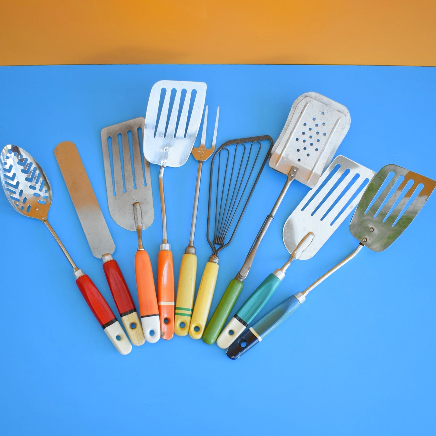 Vintage 1960s Kitchen Utensils - Red Orange, Yellow & Green