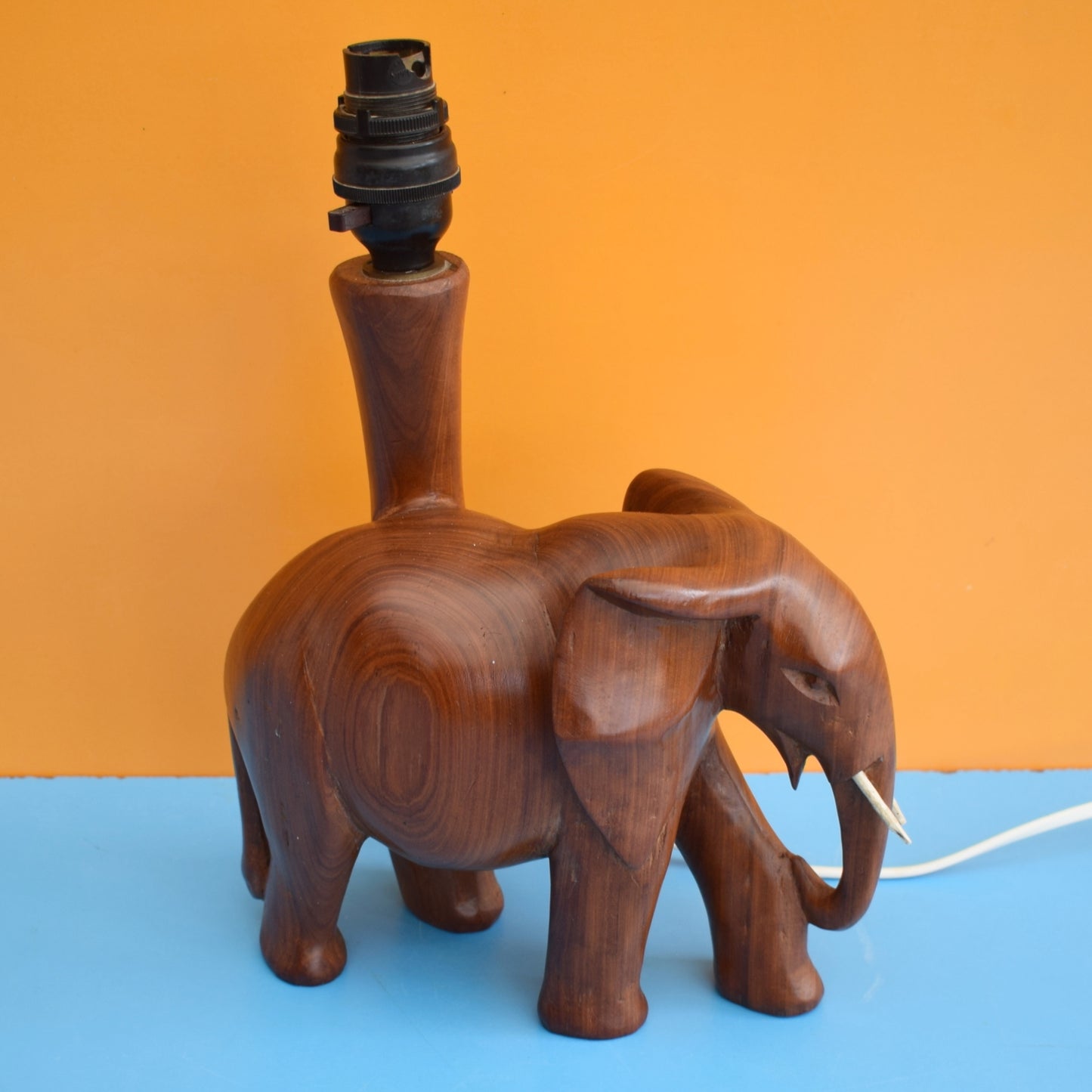 Vintage 1960s Wooden Teak Table Lamp - Elephant