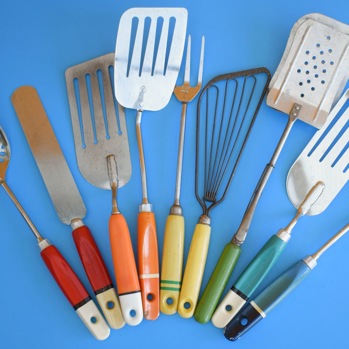 Vintage 1960s Kitchen Utensils - Red Orange, Yellow & Green
