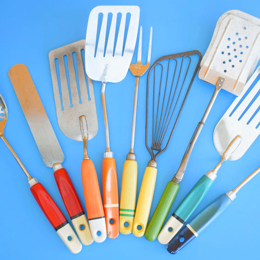 Vintage 1960s Kitchen Utensils - Red Orange, Yellow & Green