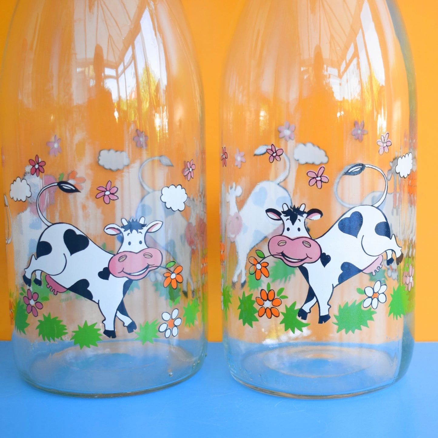 Vintage 1970s Milk Bottles - French / France- Cows / Moon/ Stars