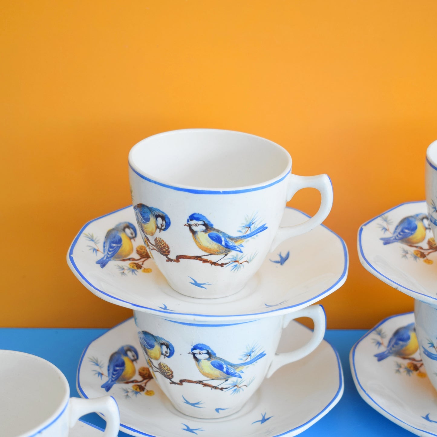 Vintage 1950s Cups & Saucers - Blue Tits & Bluebirds - Blue Bird - Ivory Ware