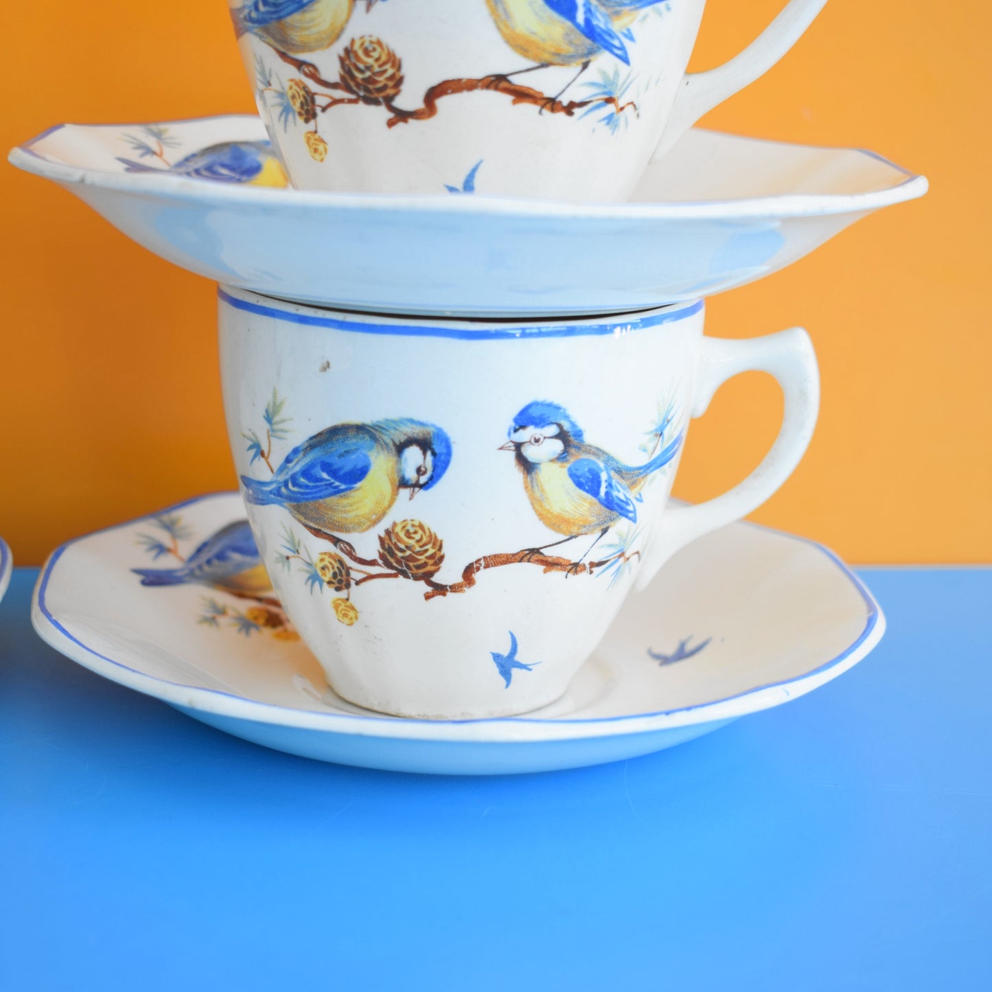 Vintage 1950s Cups & Saucers - Blue Tits & Bluebirds - Blue Bird - Ivory Ware