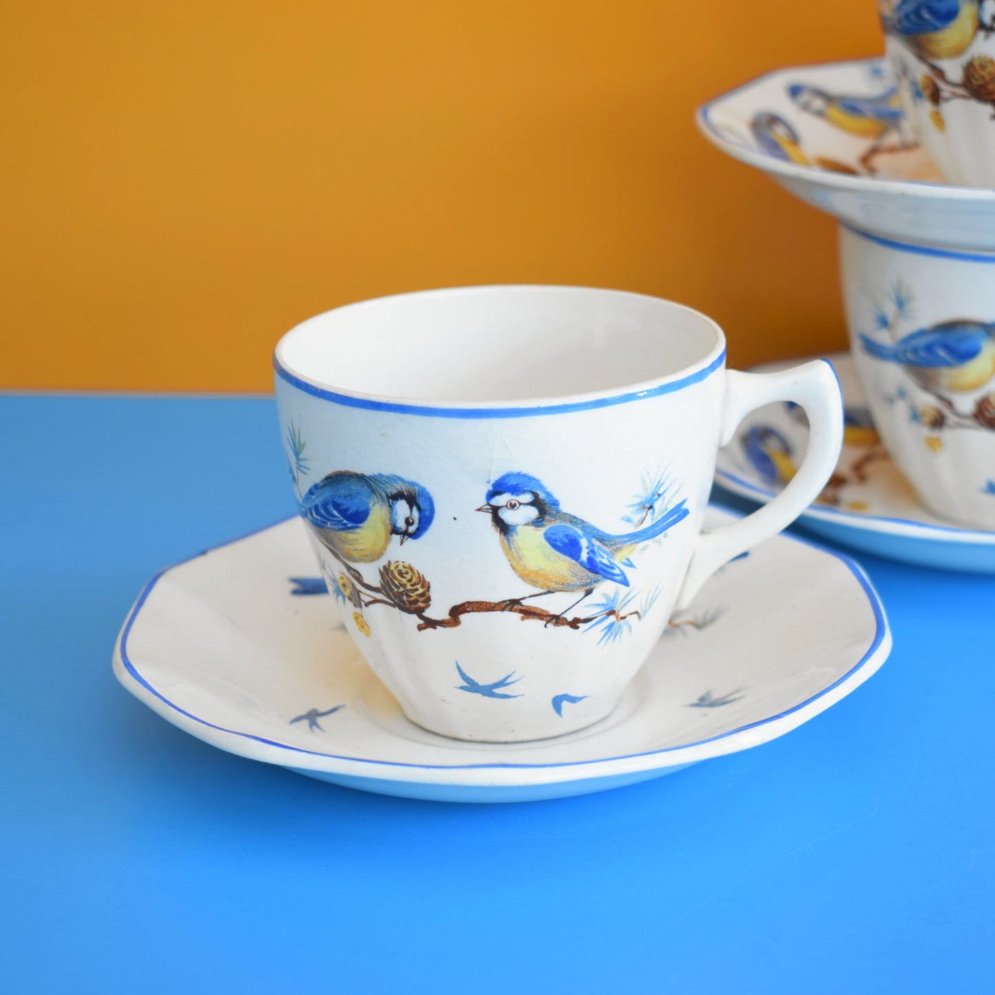Vintage 1950s Cups & Saucers - Blue Tits & Bluebirds - Blue Bird - Ivory Ware