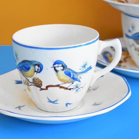 Vintage 1950s Cups & Saucers - Blue Tits & Bluebirds - Blue Bird - Ivory Ware