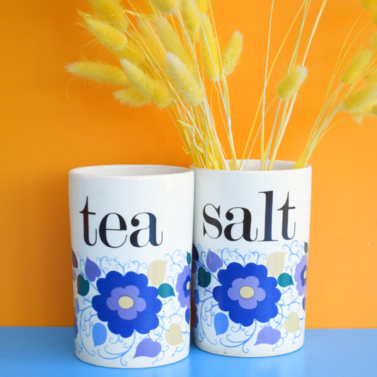 Vintage 1960s Crown Devon Ceramic Jars - Flower Power - Tea/ Salt - Blue