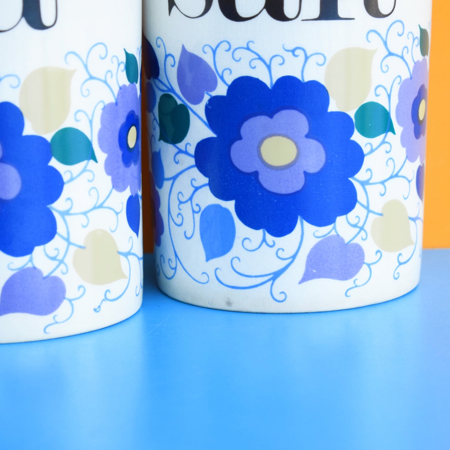 Vintage 1960s Crown Devon Ceramic Jars - Flower Power - Tea/ Salt - Blue
