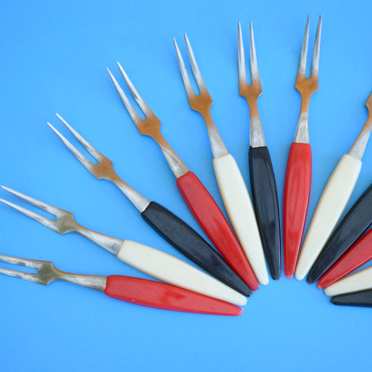 Vintage 19560s Tiny Pickle Forks - Red, Cream & Black x12