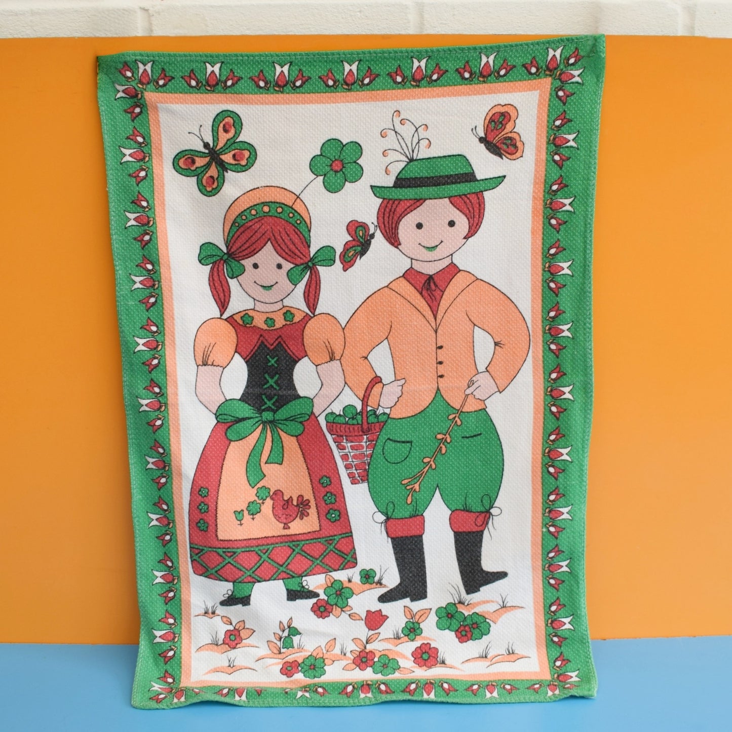 Vintage 1970s Tea Towel - Couple & Butterflies by Vintage
