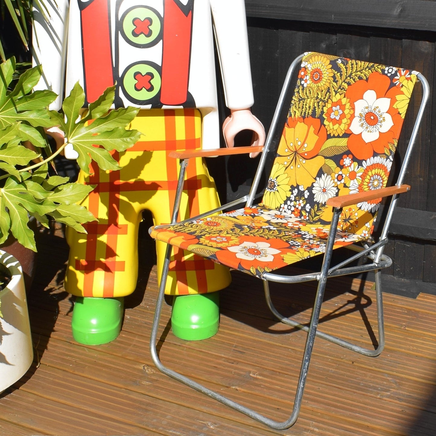 Vintage 1960s Folding Garden Chair - Flowers- Orange & Yellow