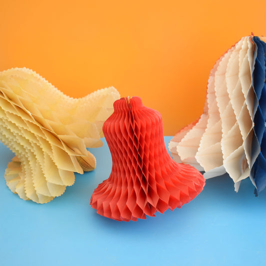 Vintage 1950s Honeycomb Paper Decorations - Bells x3