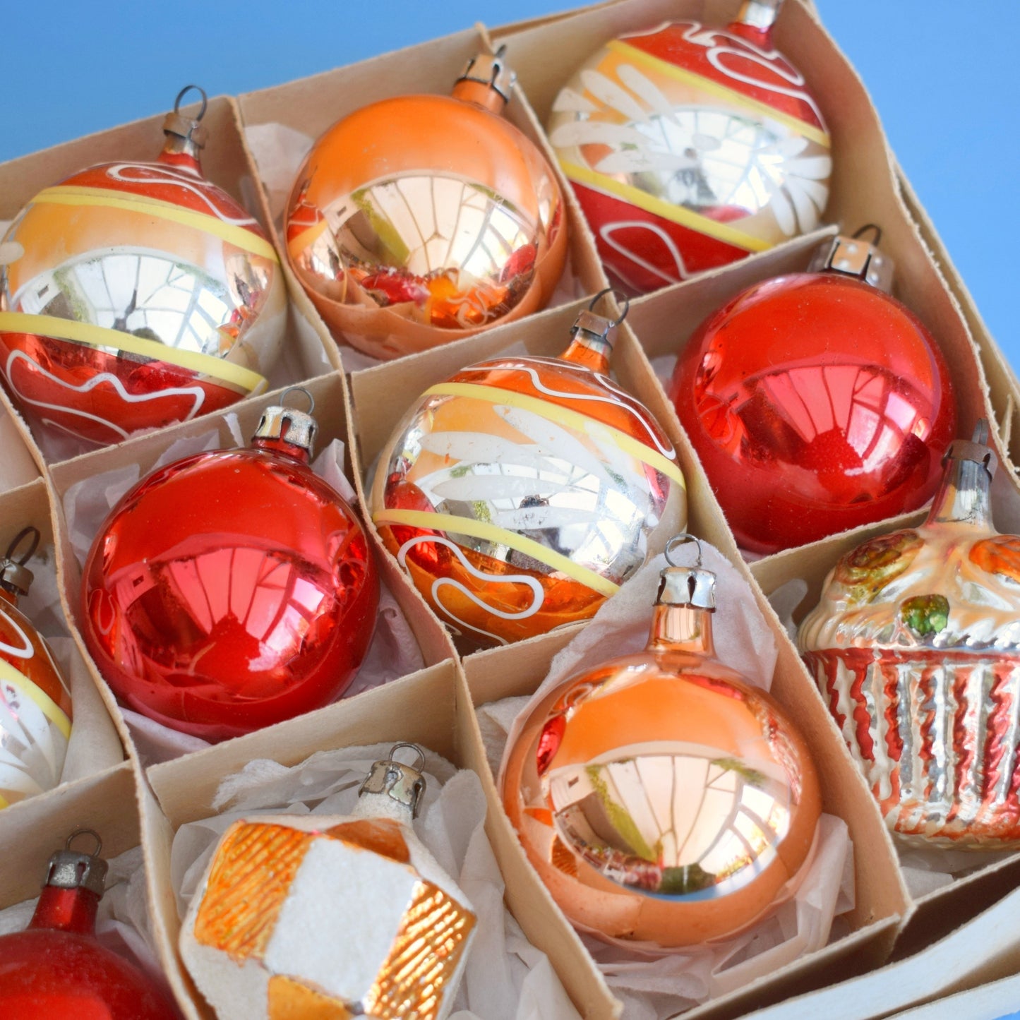 Vintage 1960s Glass Christmas Baubles - Boxed Medium- Red/ Gold