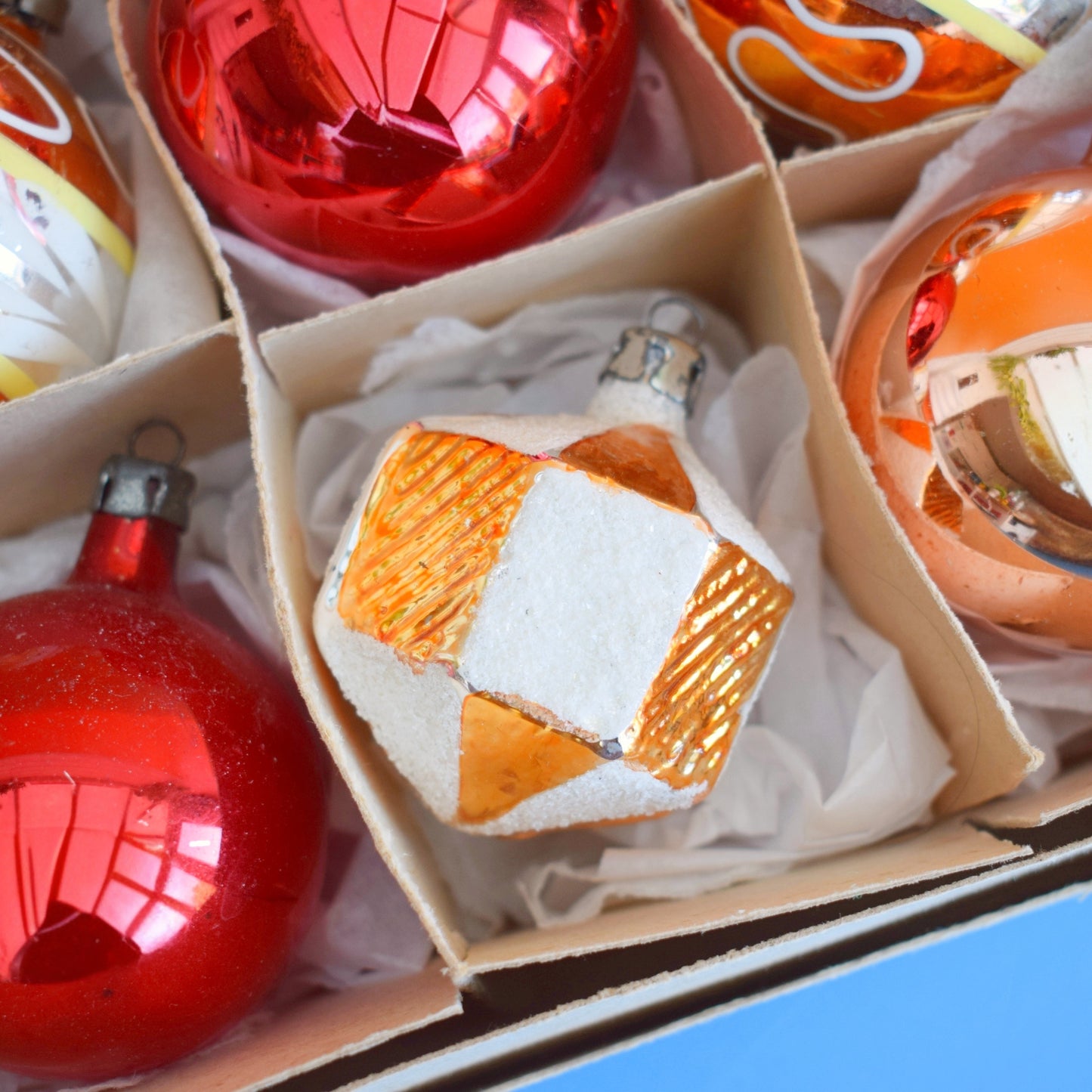 Vintage 1960s Glass Christmas Baubles - Boxed Medium- Red/ Gold