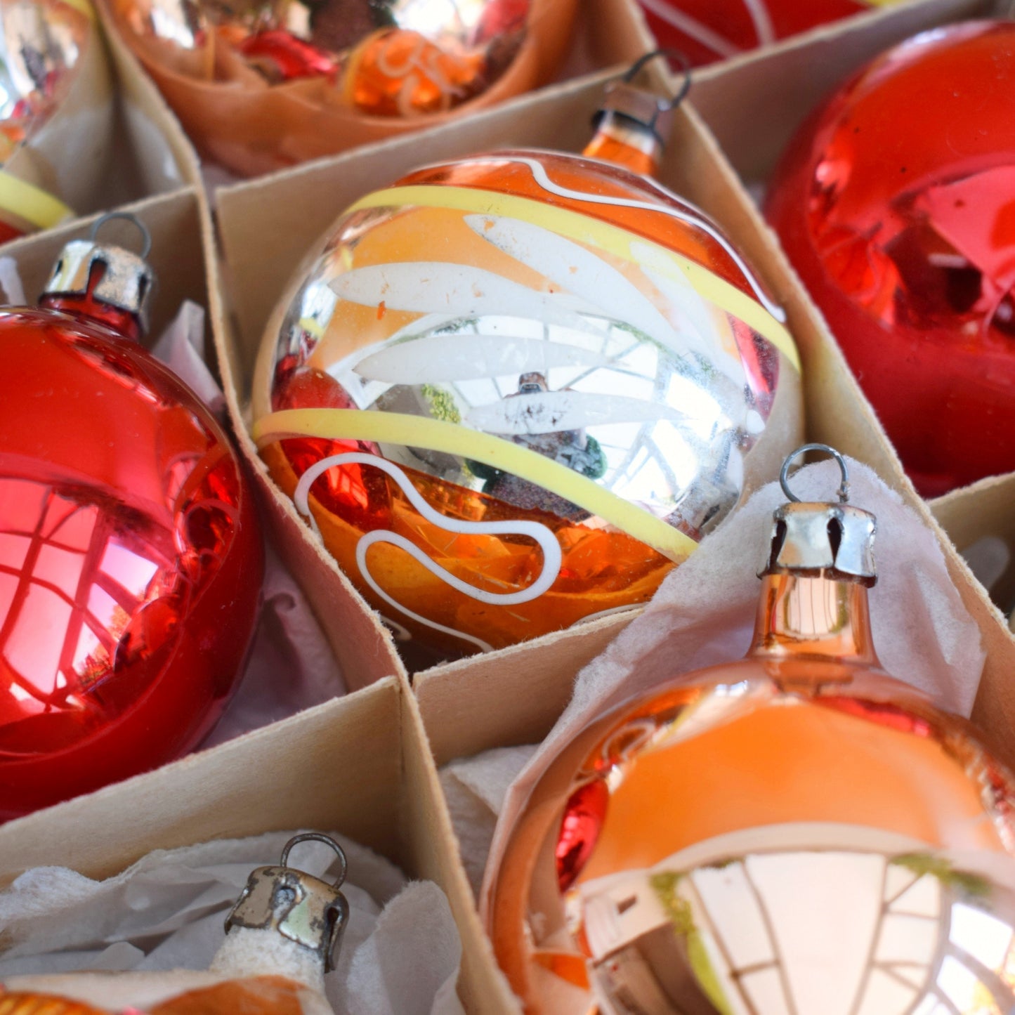 Vintage 1960s Glass Christmas Baubles - Boxed Medium- Red/ Gold