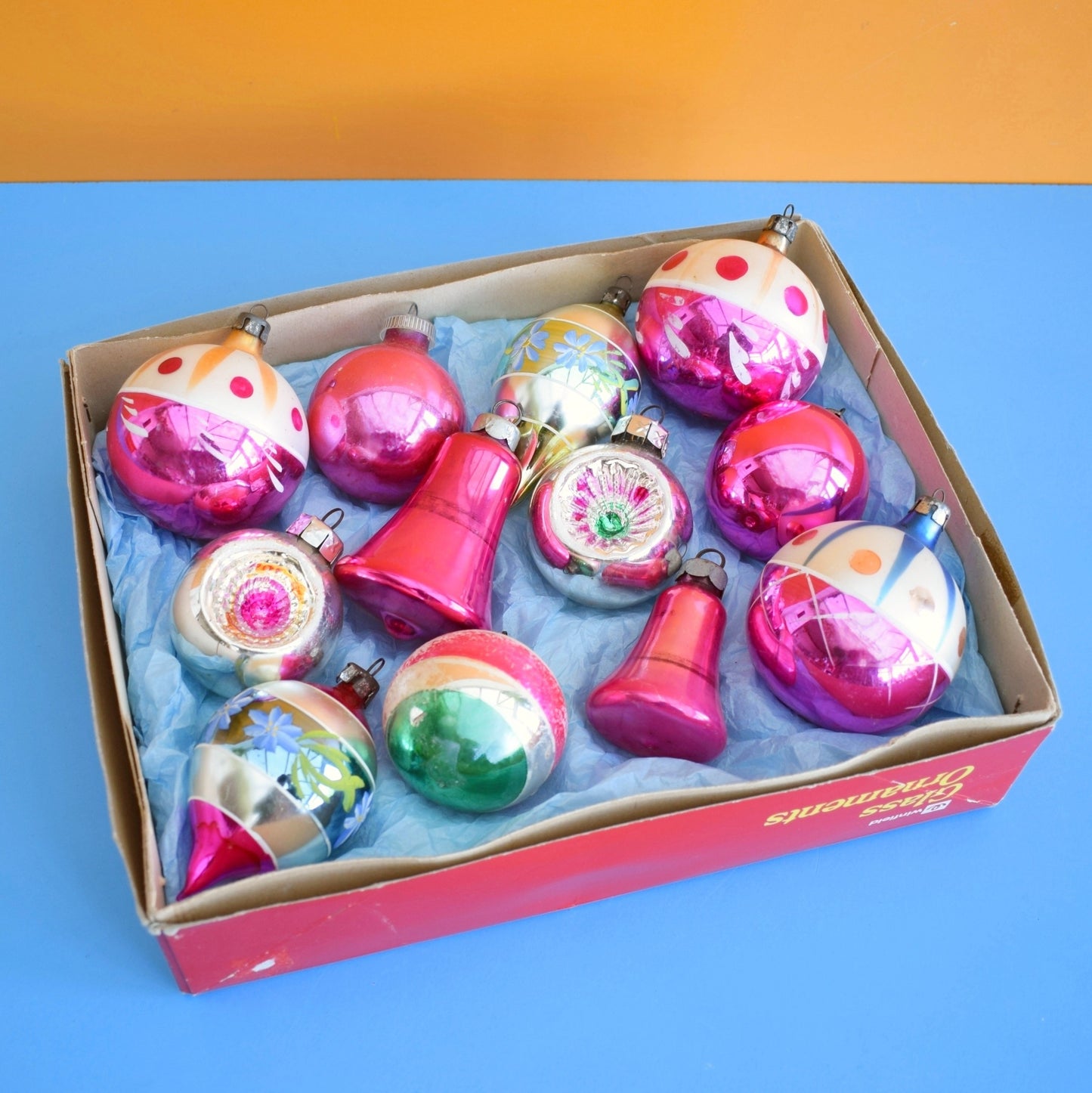 Vintage 1960s Glass Christmas Baubles - Boxed Medium- Pink/ Blue
