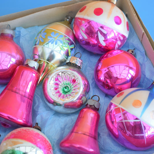 Vintage 1960s Glass Christmas Baubles - Boxed Medium- Pink/ Blue