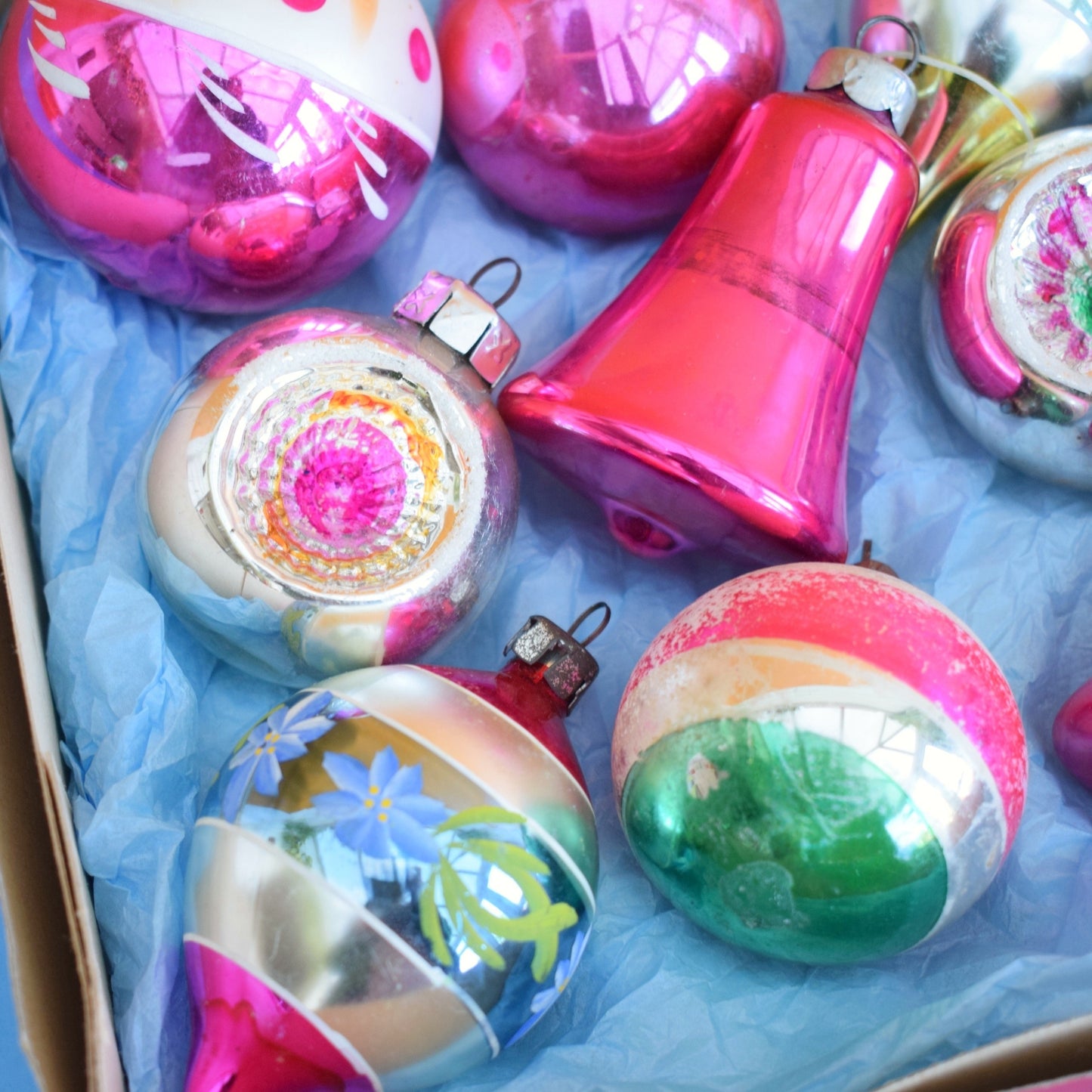 Vintage 1960s Glass Christmas Baubles - Boxed Medium- Pink/ Blue