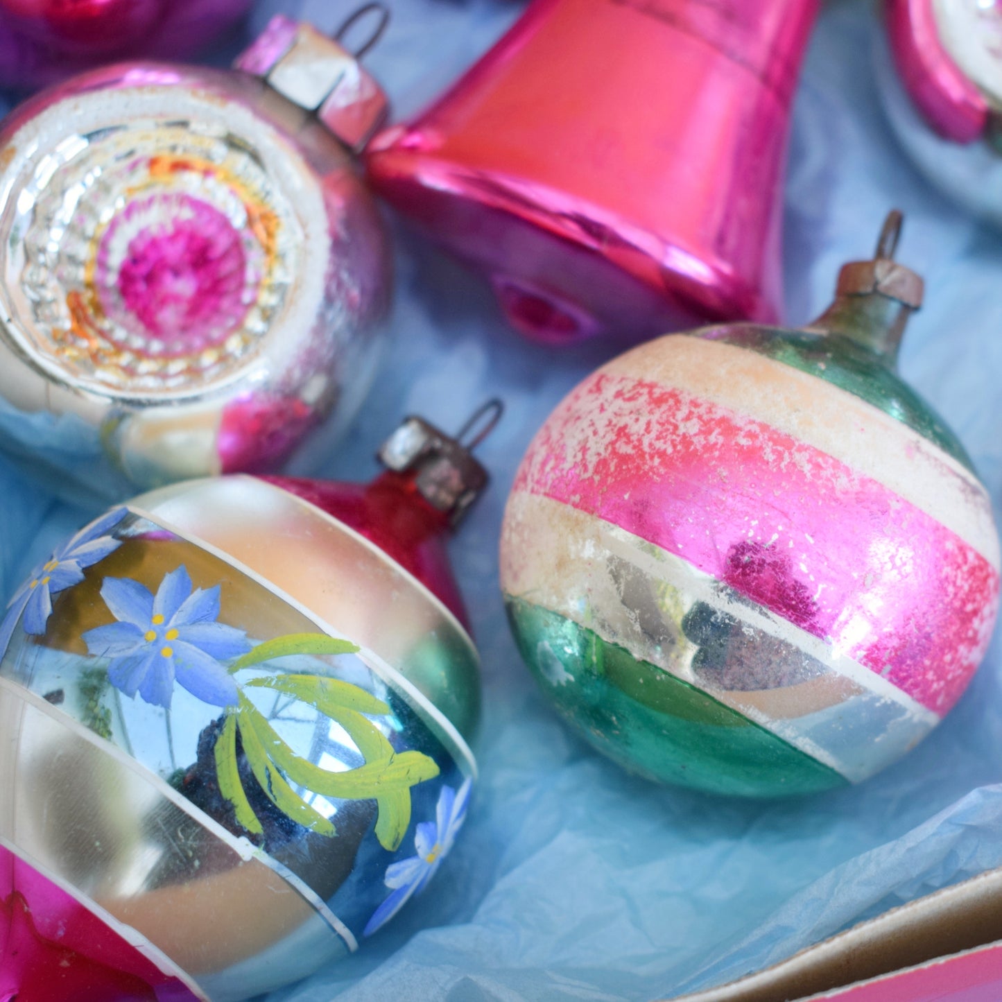 Vintage 1960s Glass Christmas Baubles - Boxed Medium- Pink/ Blue