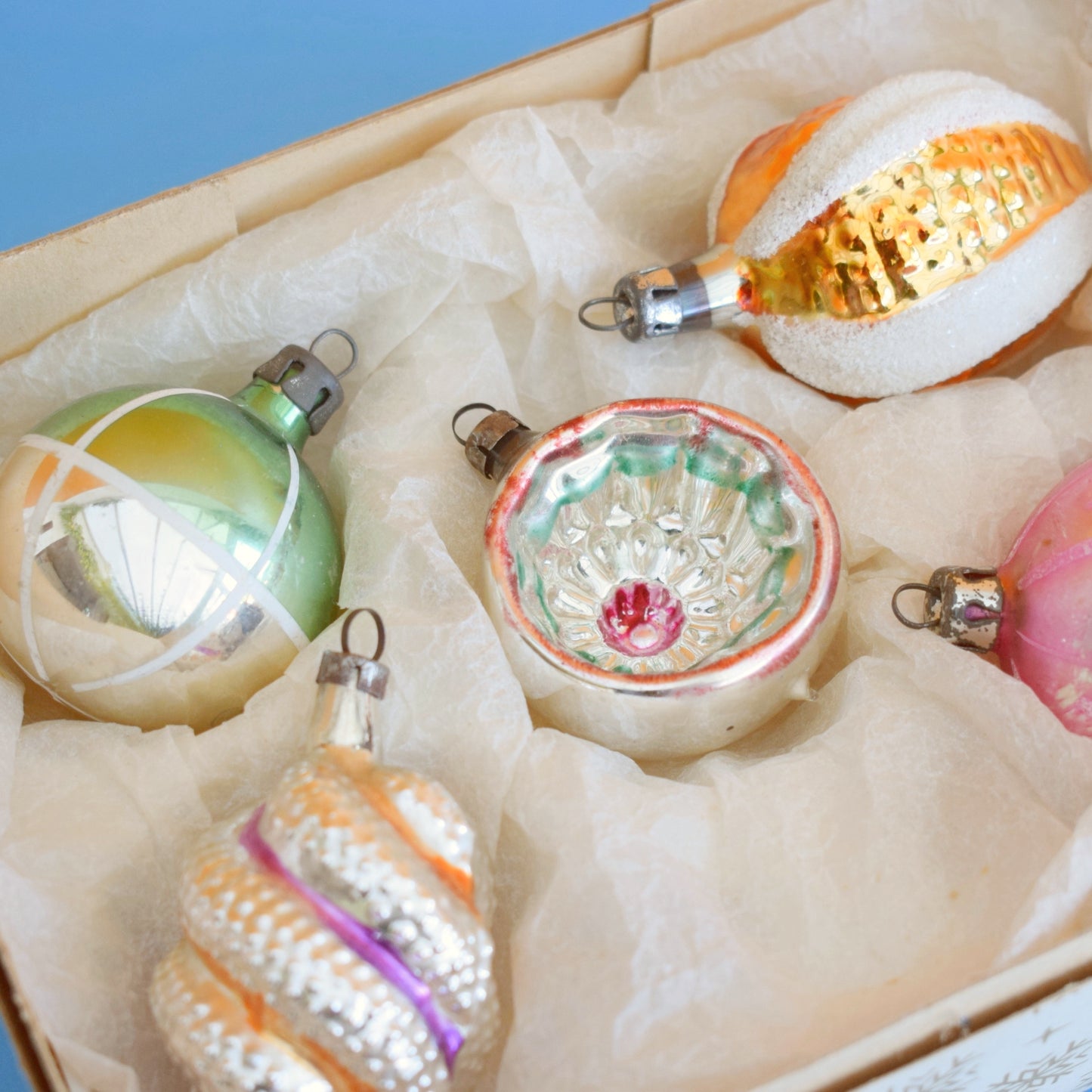 Vintage 1960s Glass Christmas Baubles - Pretty Shaped/ Pastels