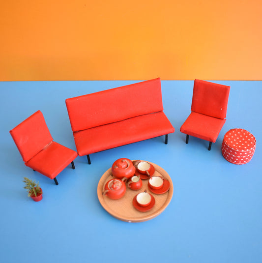 Vintage 1970s Wooden Tea Set - Doll Toi / Red Sofa & Chair Set by Pineapple Retro