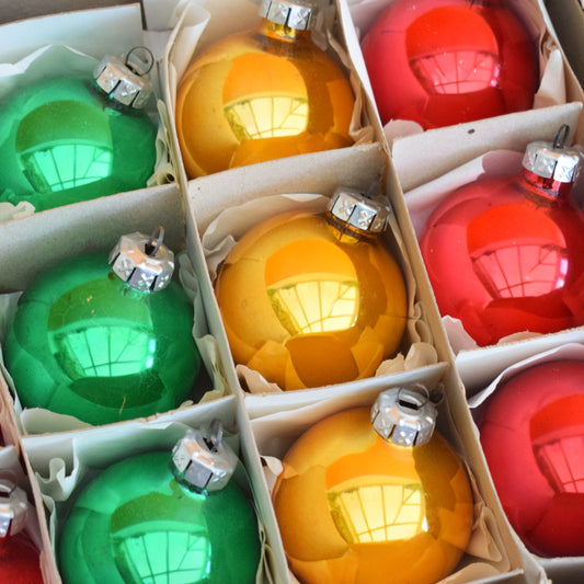 Vintage 1980s Glass Christmas Baubles - Classic Balls - Traffic Light Colours - Medium - Harrods