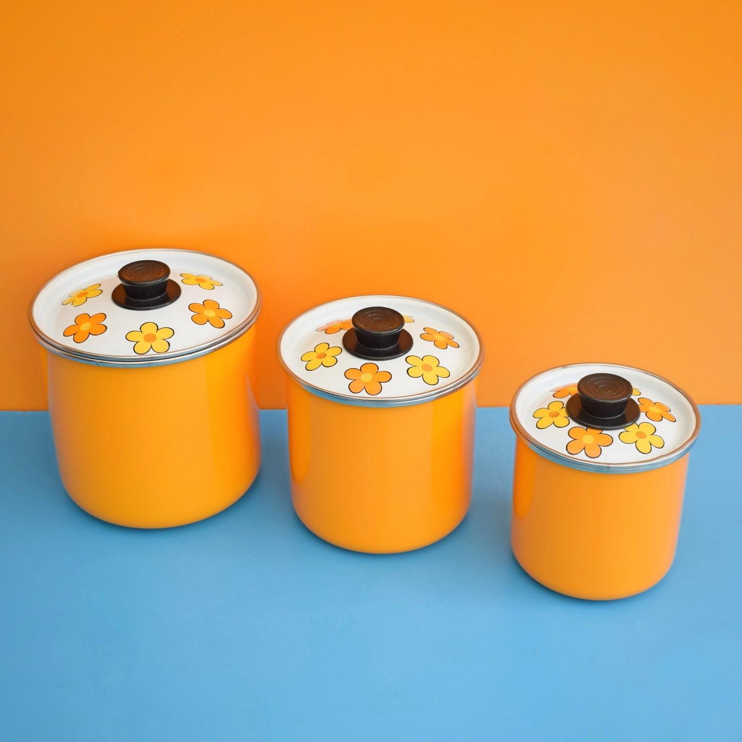 Vintage 1960s Flower Power Enamelled Storage Tins x3 - Yellow & Orange