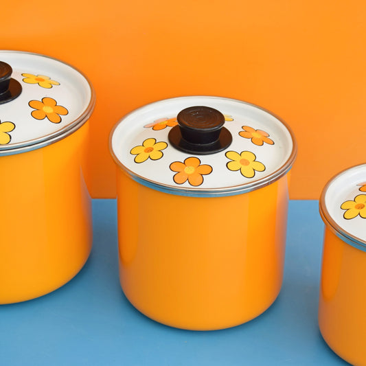 Vintage 1960s Flower Power Enamelled Storage Tins x3 - Yellow & Orange