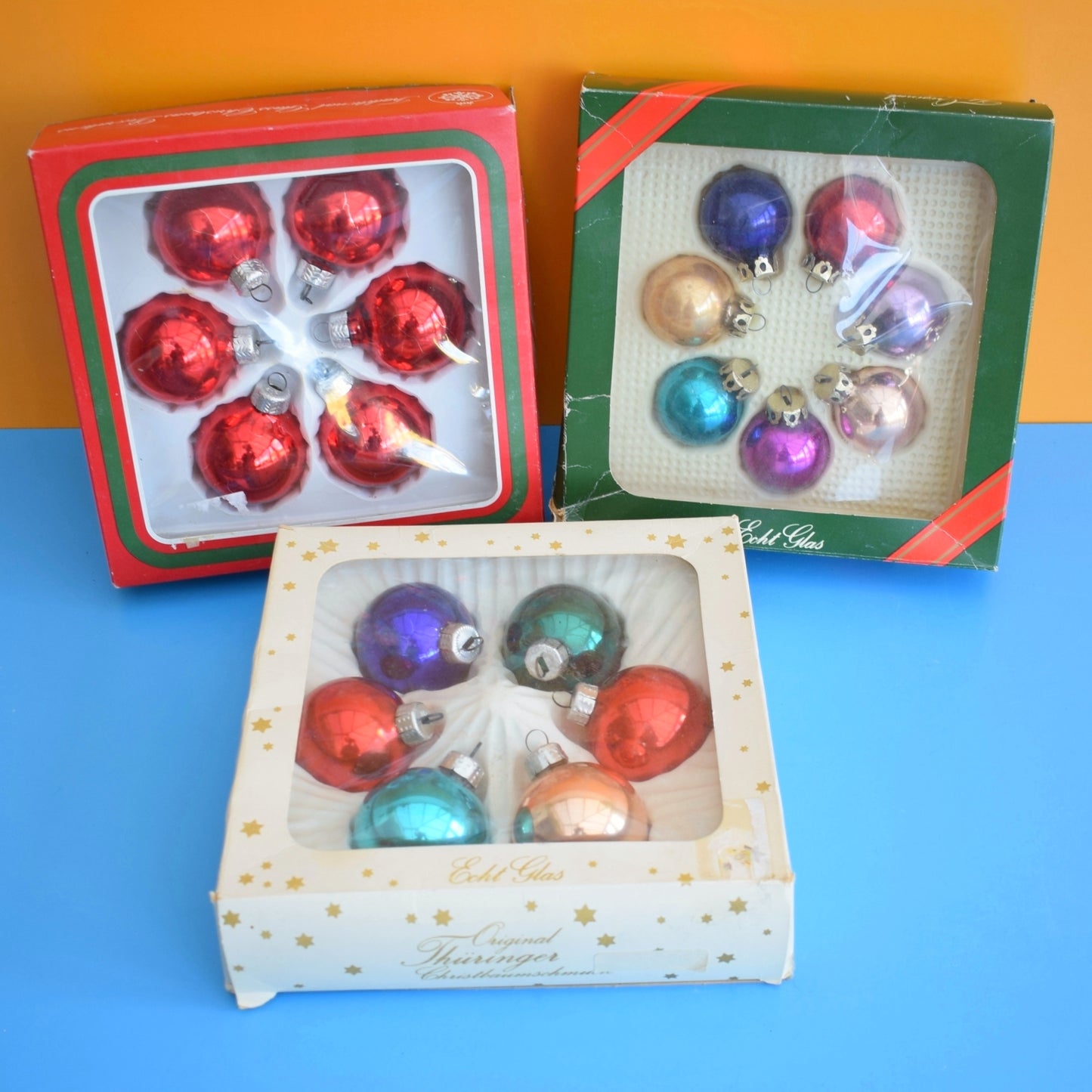 Vintage 1980s Glass Christmas Baubles - Classic Balls - Plain Colours - Boxed