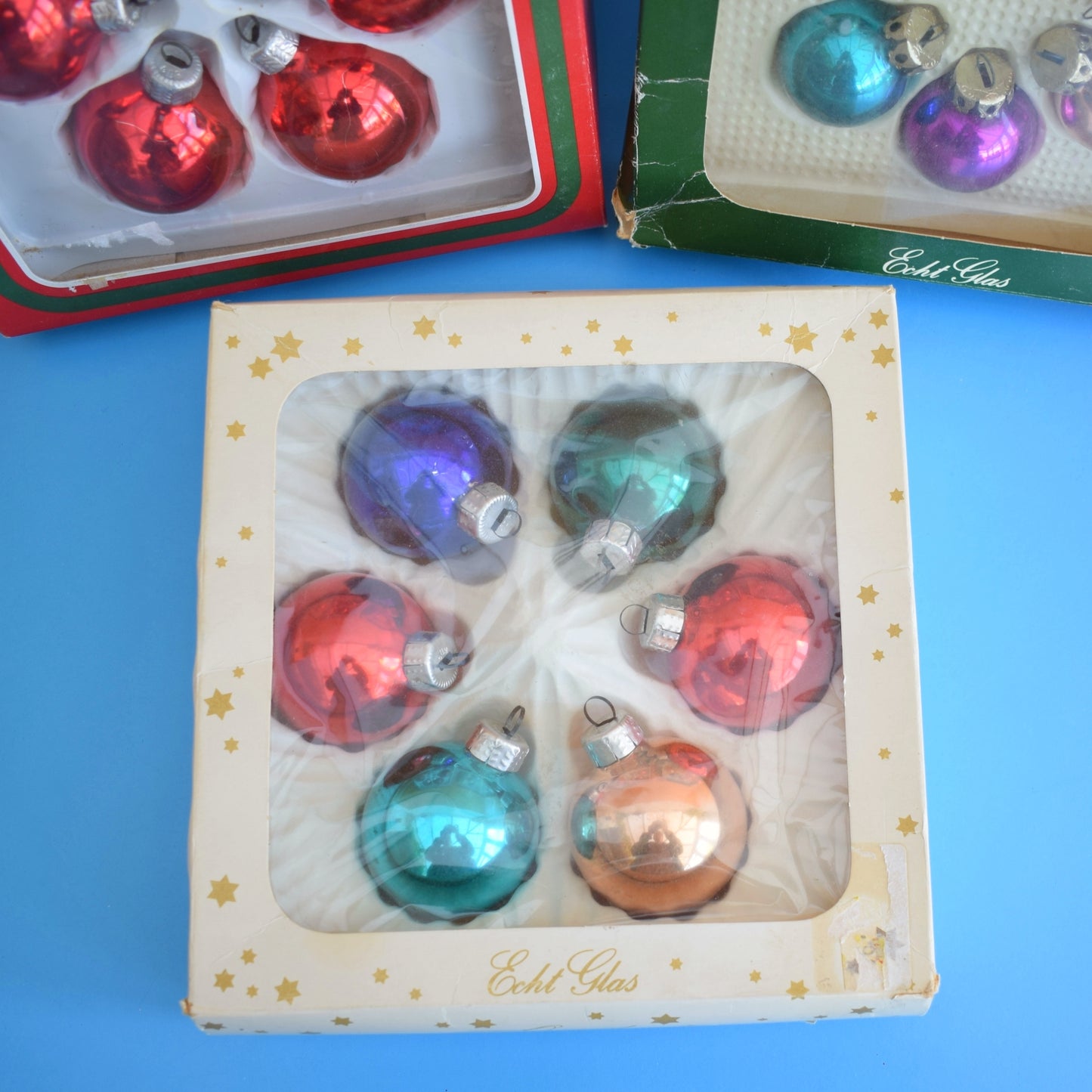 Vintage 1980s Glass Christmas Baubles - Classic Balls - Plain Colours - Boxed