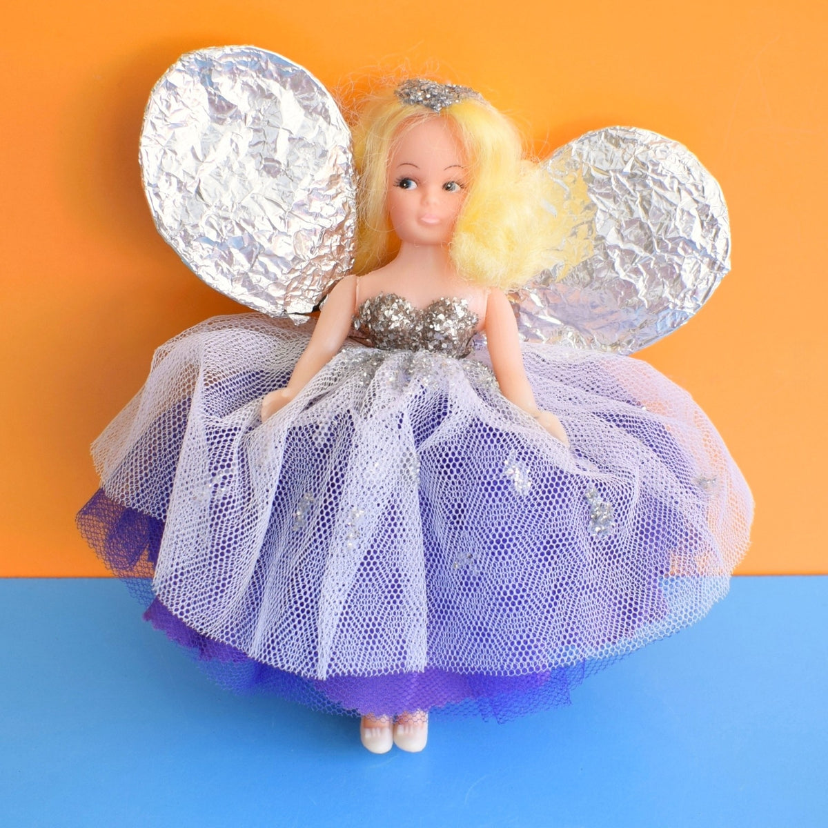 Vintage 1970s Christmas Fairy Angel Tree Topper - Handmade Dress - Silver/Purple by Vintage