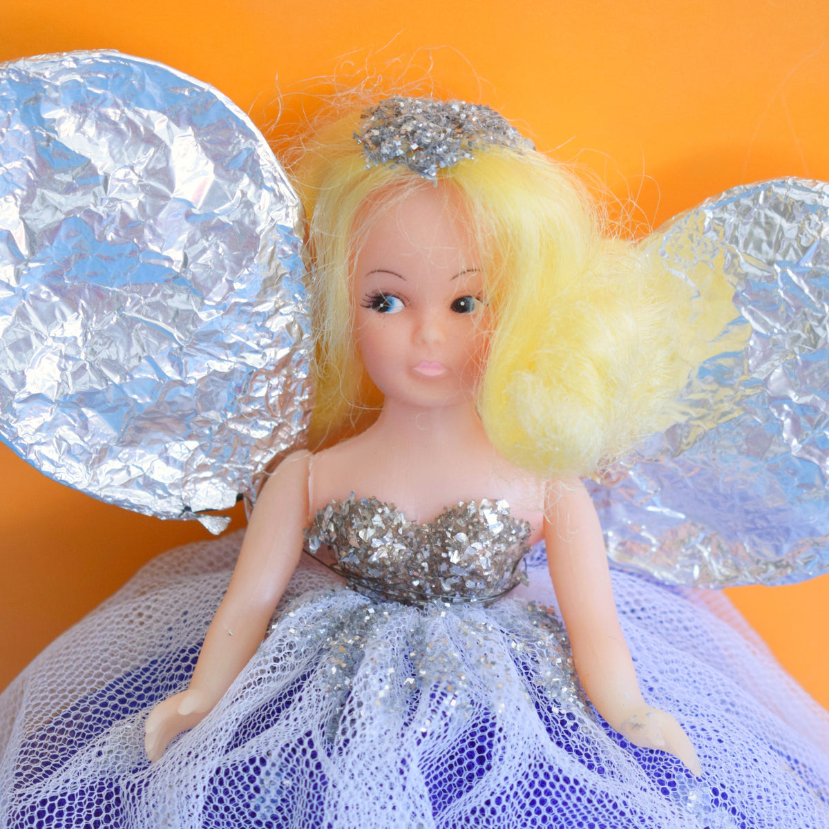 Vintage 1970s Christmas Fairy Angel Tree Topper - Handmade Dress - Silver/Purple by Vintage